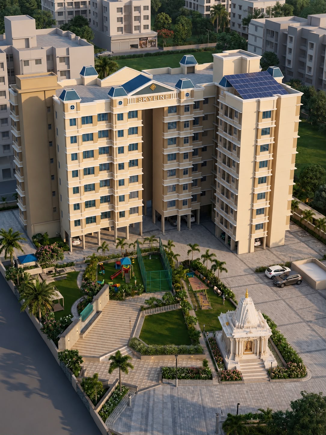 Aerial view of Skyline with on-site mandir
